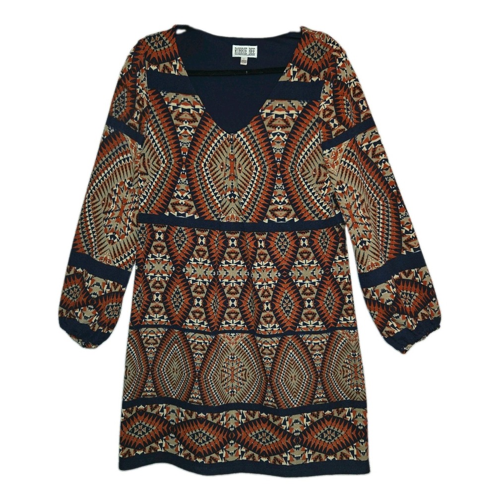 Robbie Bee Tunic Dress Womens Large Aztec-Print Boho Peasant Sleeve Navy Blue
